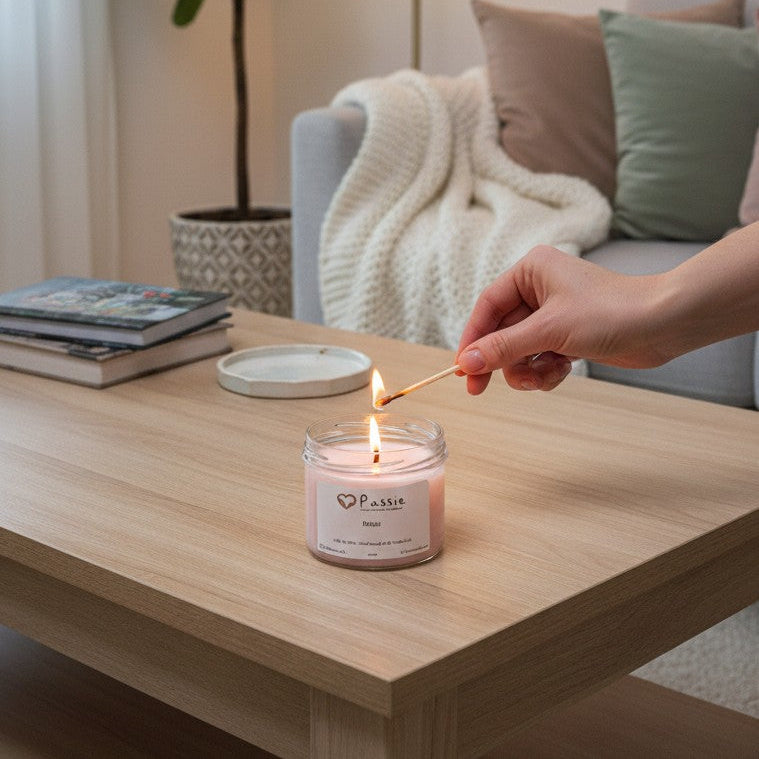 Handgemaakte geurkaars van sojawas met rozenwater