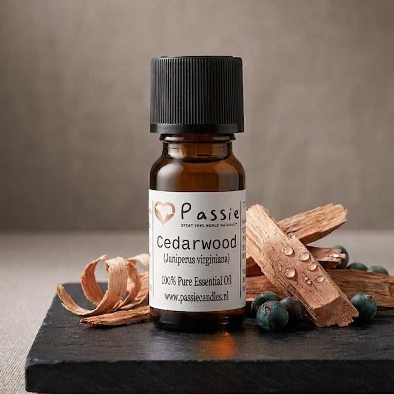 Passie Cedarwood essential oil bottle with wooden pieces and berries on a dark surface