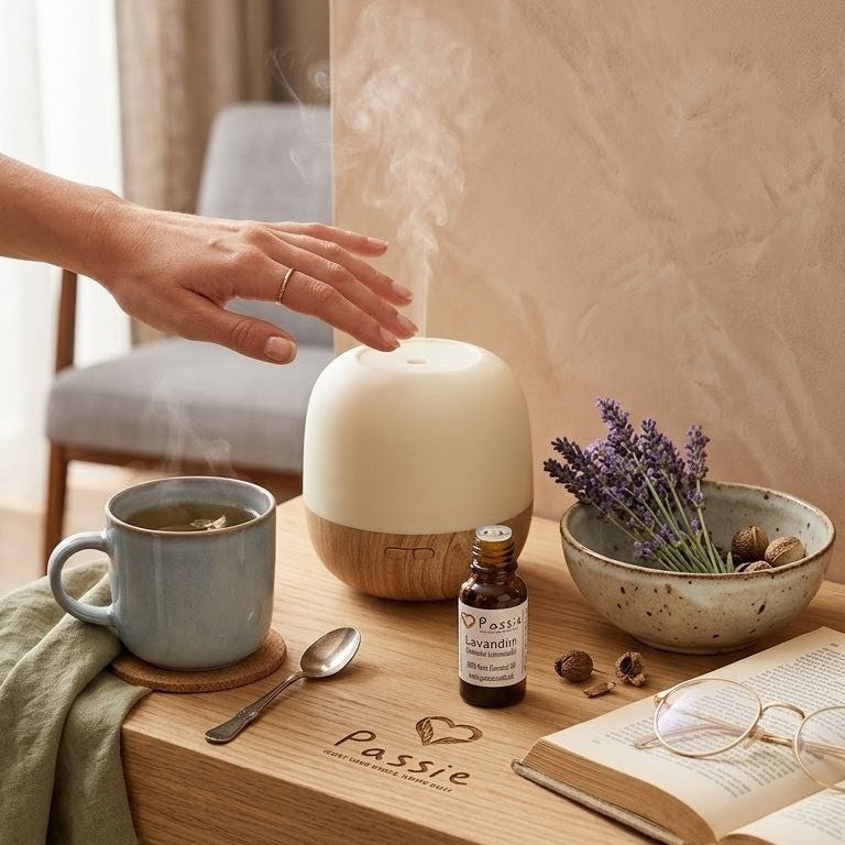 A person's hand reaching towards a diffuser on a wooden table with a cup, book, and lavender plant.