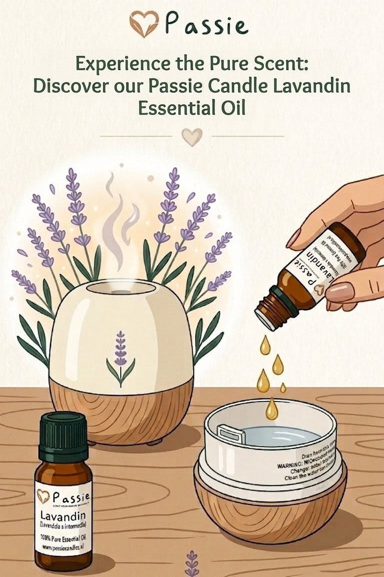 Passie Lavandin Essential Oil being added to a diffuser with lavender flowers on a wooden surface.