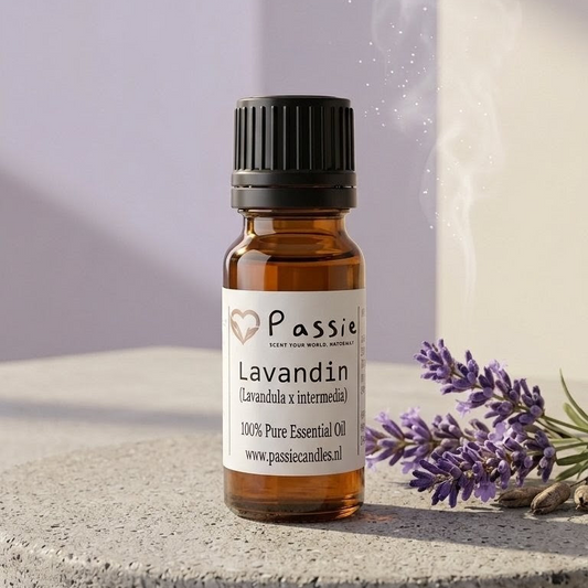 Passie Lavandin essential oil bottle with lavender flowers on a neutral background